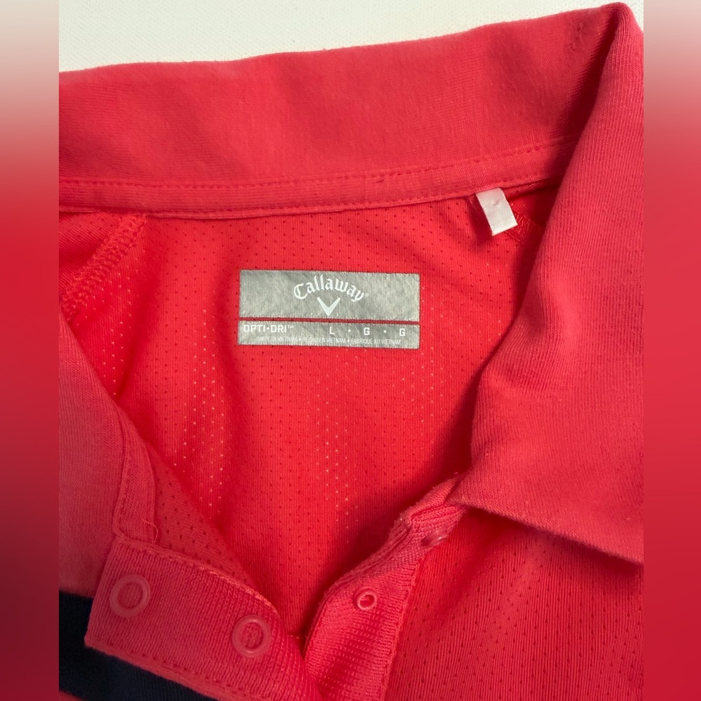 Callaway Opti Dri Golf Polo Coral Pink Navy Stripe Athletic Shirt Women’s Large - Picture 5 of 9